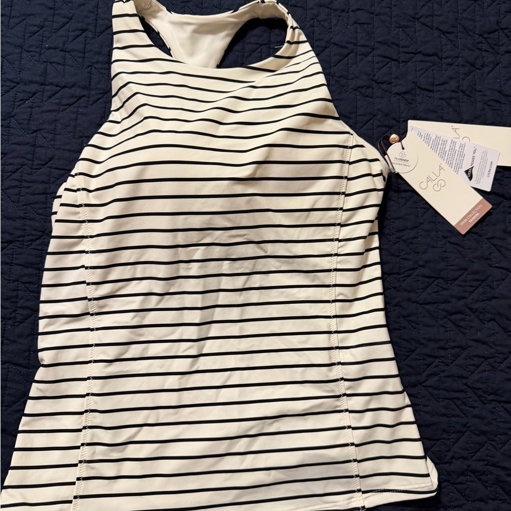 CALIA by Carrie Underwood Striped Swim Top - Black and White